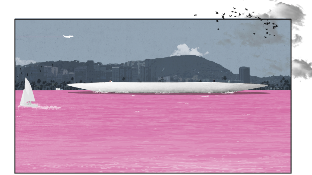 Waterfront view of the elongated white roof floating above pink water with a sailboat and airplane