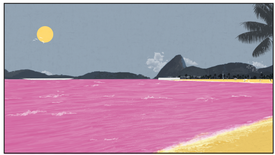 Beach perspective showing pink water meeting yellow sand with palm trees and distant mountain peaks