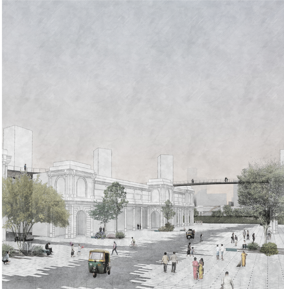 Rendering showing a public plaza with pedestrians, auto-rickshaws, and a line-drawn heritage facade against towers