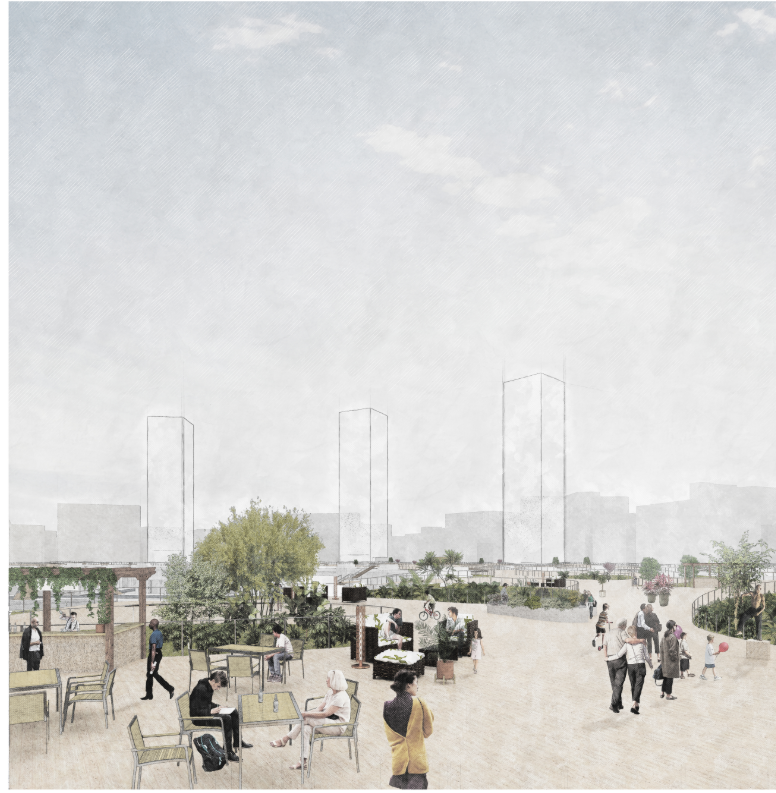 Rendering of an open plaza with cafe seating, pedestrians, and three tall towers rising beyond