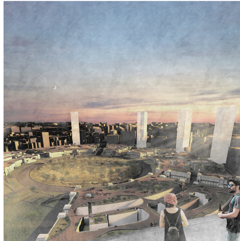 Collaged rendering showing terraced landscape with circular plaza overlooked by vertical white columns at dusk
