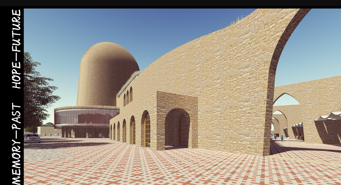 A view of the memorial dome alongside arcade-style market spaces inspired by vernacular urban life.