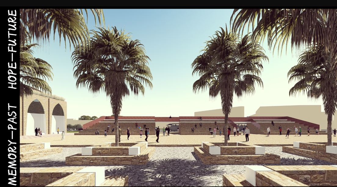 A vibrant communal zone surrounded by palm trees and terraced seating—designed for gatherings and civic interaction.