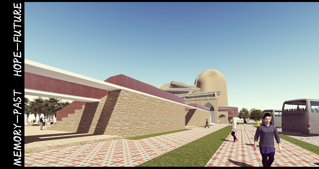 A landscaped pedestrian path linking public transit arrival with the memorial core, symbolizing open access.