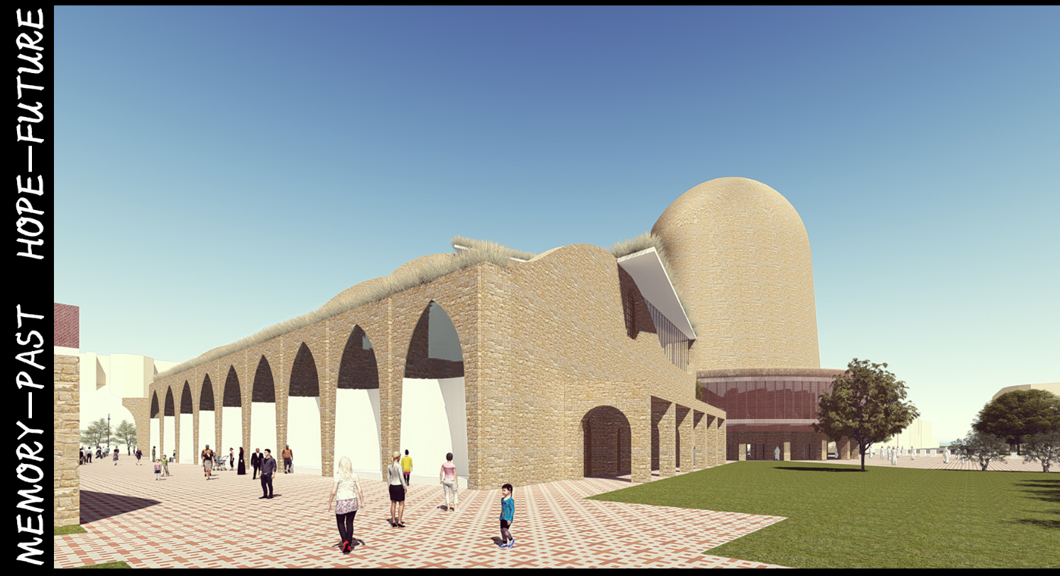 A softer green edge of the site featuring curved vaults, tree-lined lawns, and quiet reflection spaces.