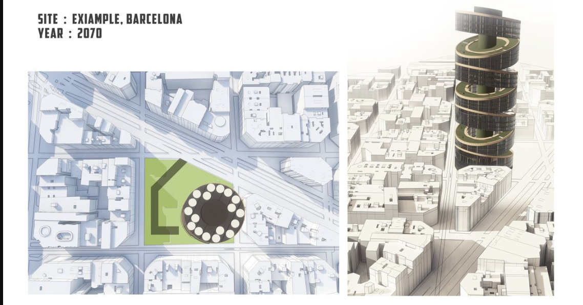 Located in Eixample, Barcelona, Helix rises as a futuristic insertion within the historic grid.