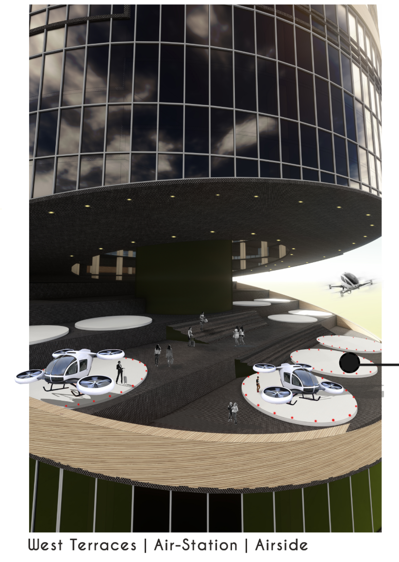 West-facing air-station platforms designed for drone taxis and vertical commuting.