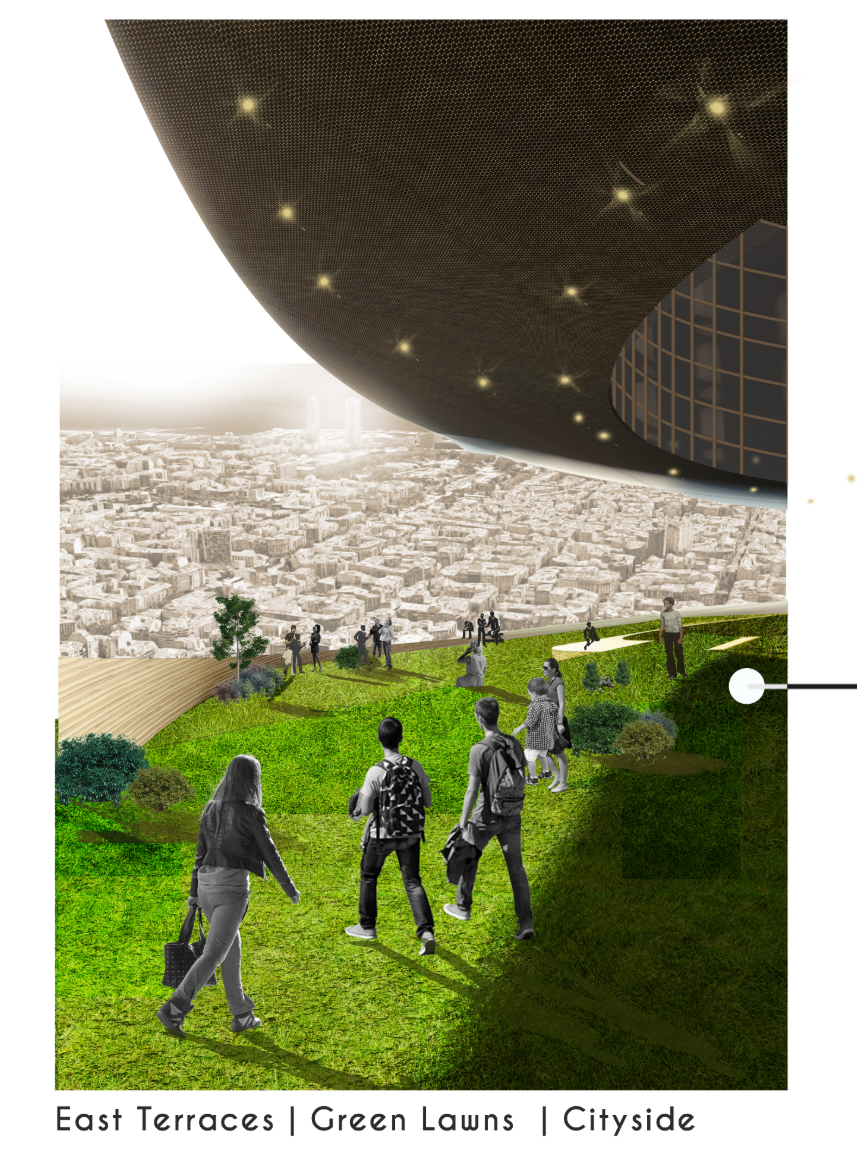 Elevated lawns on the east terraces bring nature into the vertical cityscape.