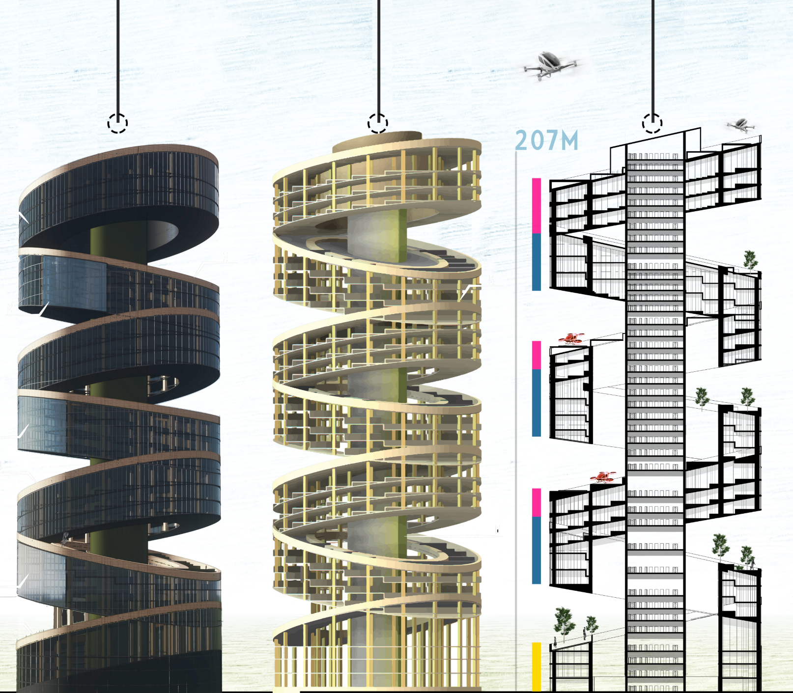 A breakdown of the façade, timber skeleton, and functional zoning of the 207-meter tower.
