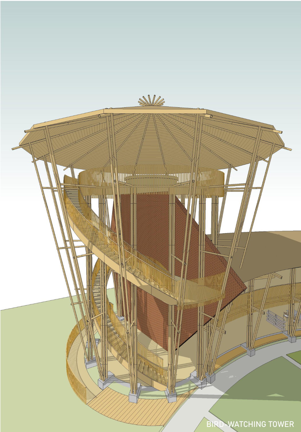Bird-watching tower symbolizing the Pre-Human era through vertical design.
