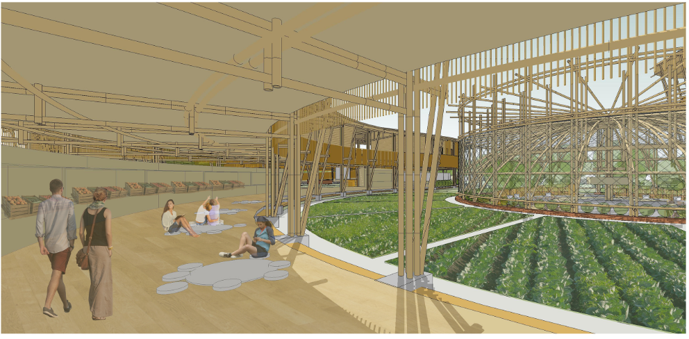 Community space beside cultivation zones encouraging social engagement.