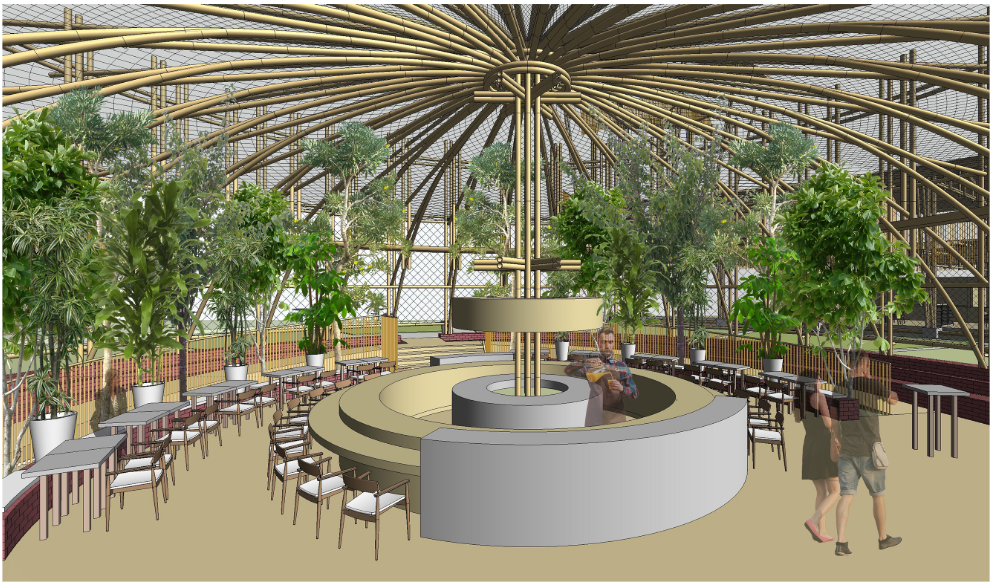Central greenhouse café combining food, greenery, and gathering.