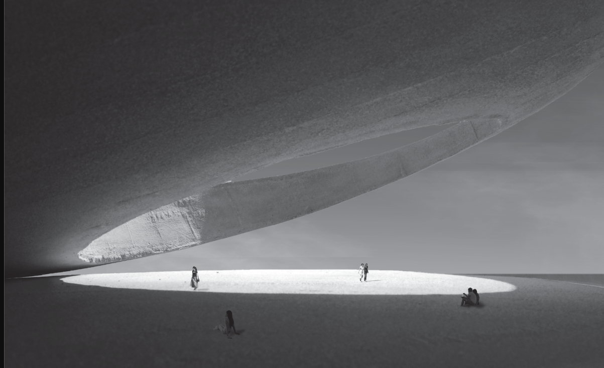 Concrete vault interior with visitors standing in pools of natural light from above