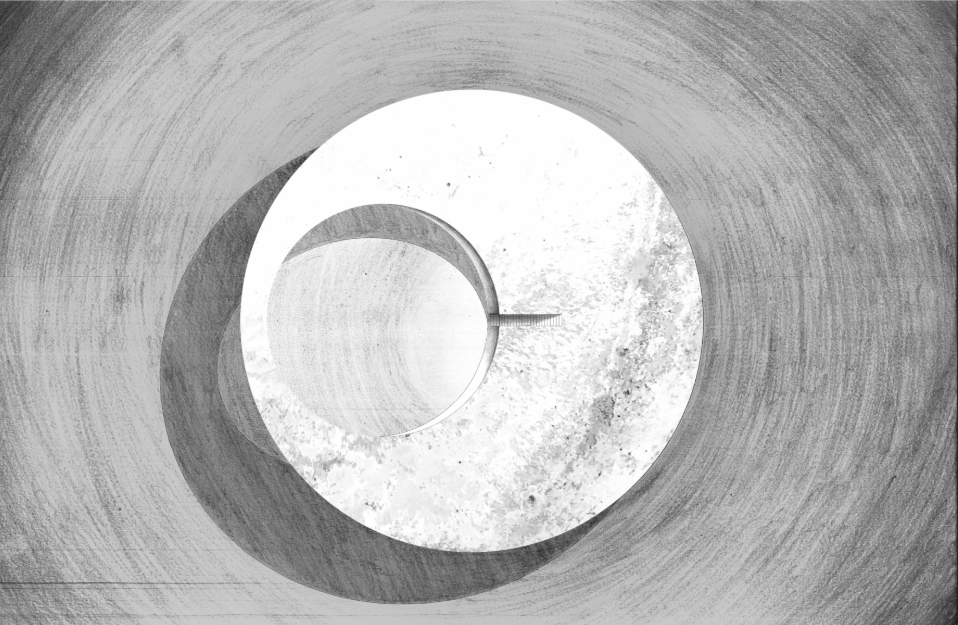 Aerial view of a circular opening with concentric concrete formwork patterns and weathering