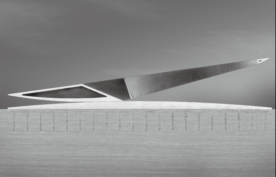 Elevation drawing of a triangular roof form rising above a horizontal base with vertical slot windows