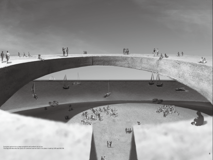 Section drawing showing a vaulted roof bridging over water with sailboats and people on both levels