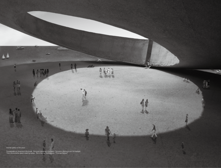 Curved concrete ceiling framing an elliptical opening with visitors gathered on the sandy floor below