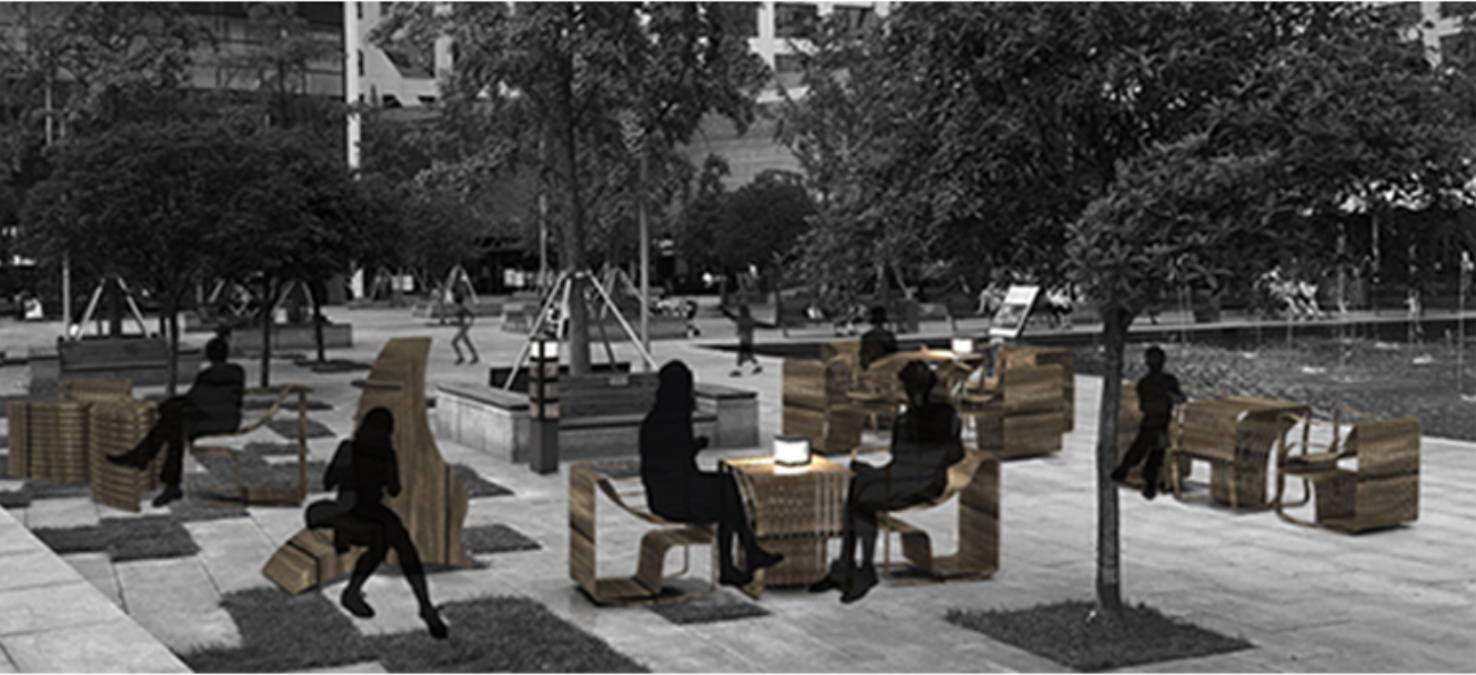 Adaptive furniture activates open plazas, encouraging flexible use for rest, work, and social gatherings.