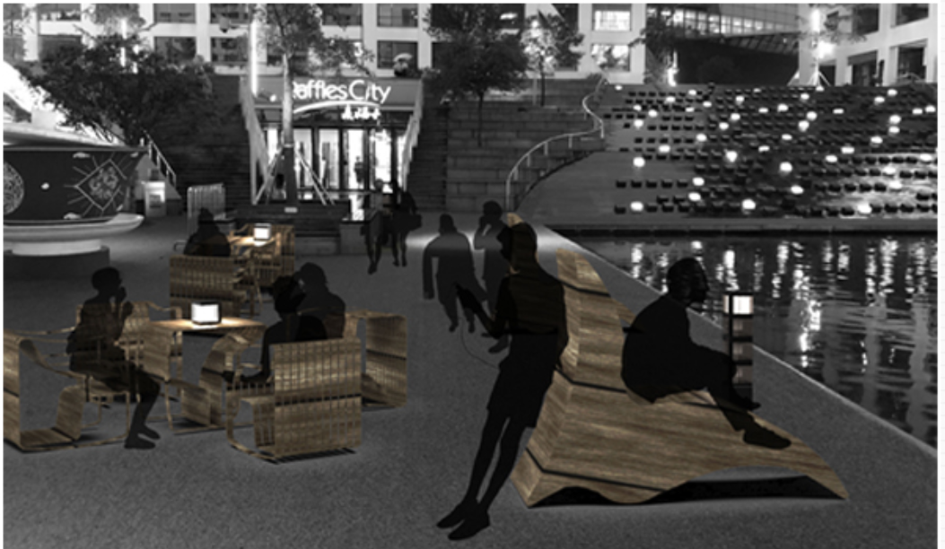 Waterfront edges are reanimated with seating and lighting that invite spontaneous social interactions.