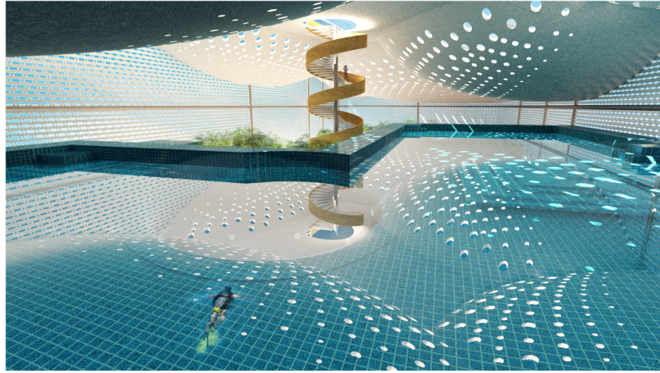 Interior pool with blue tile, spiral stair, and perforated ceiling casting patterned light and shadow