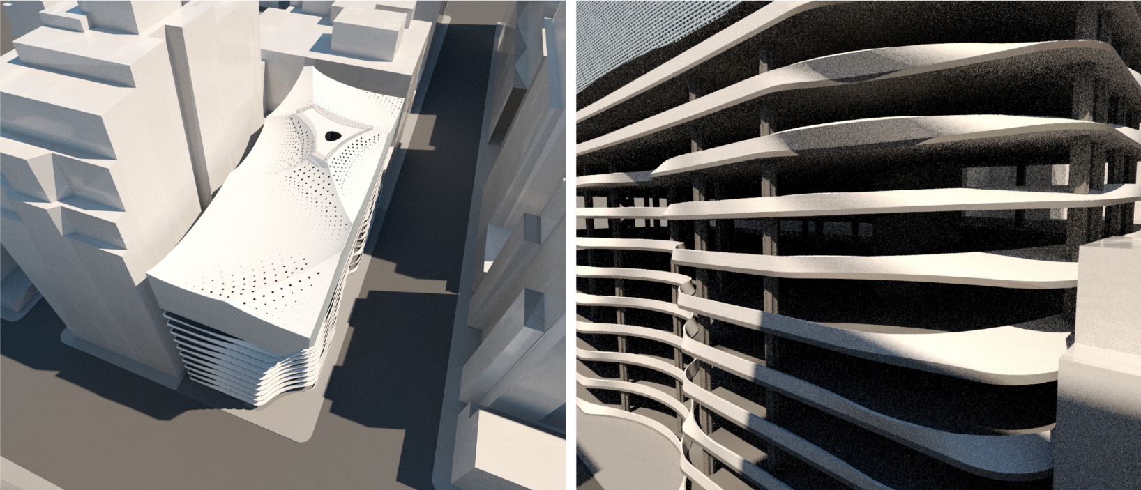 Physical model showing the undulating rooftop and curved balcony details of the layered tower structure