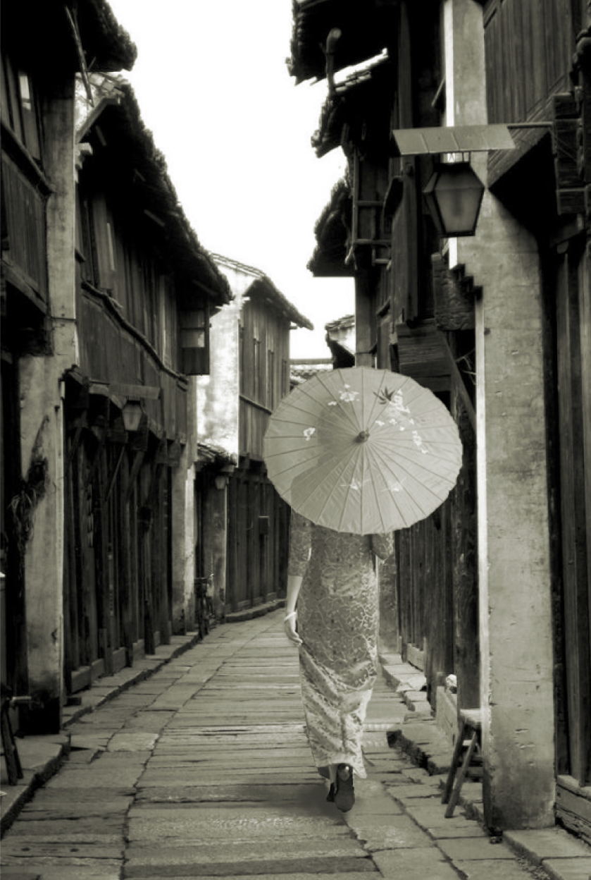 A traditional oil-paper umbrella in historic Chinese streets, inspiring the modular canopy design.