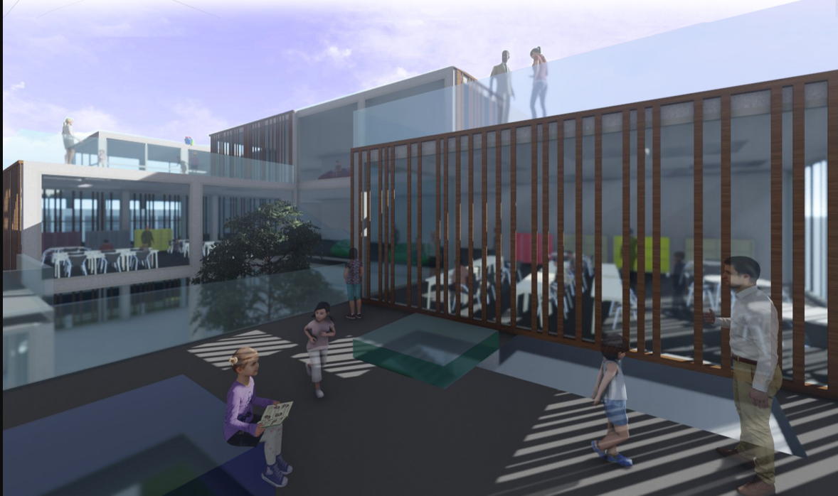 Children engage in a shaded central courtyard surrounded by classrooms, framed with vertical louvers and rooftop access.