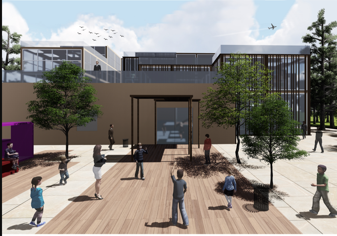 The school’s primary entry opens onto a public plaza, blending landscape and built space for interaction and community.