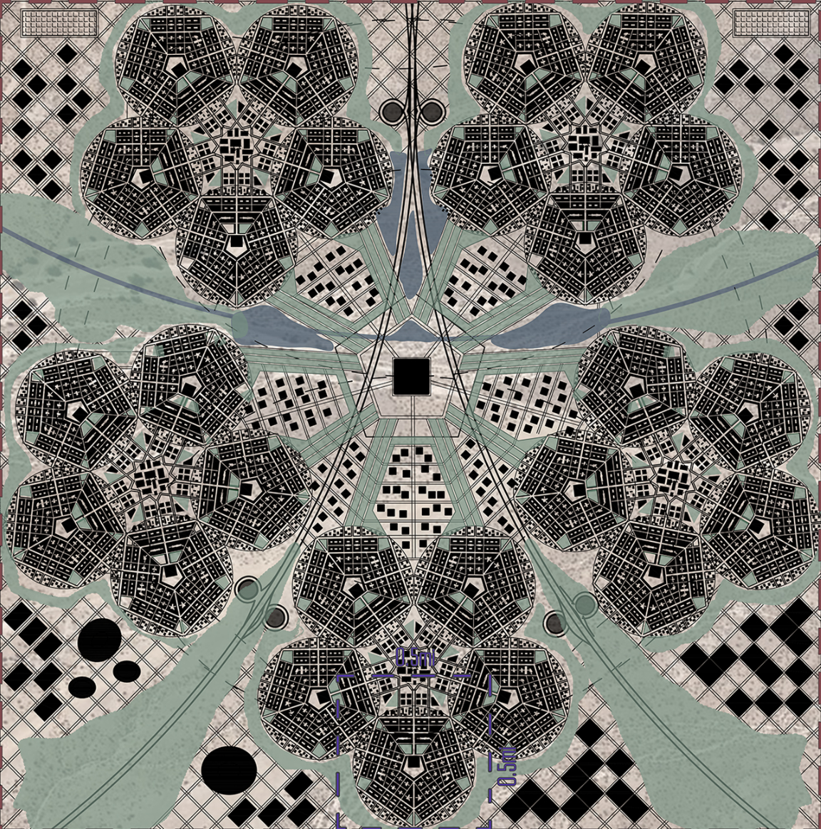 Floral and modular urban design forms the core layout of Oasyleum, integrating nature-inspired geometry for climate resilience.