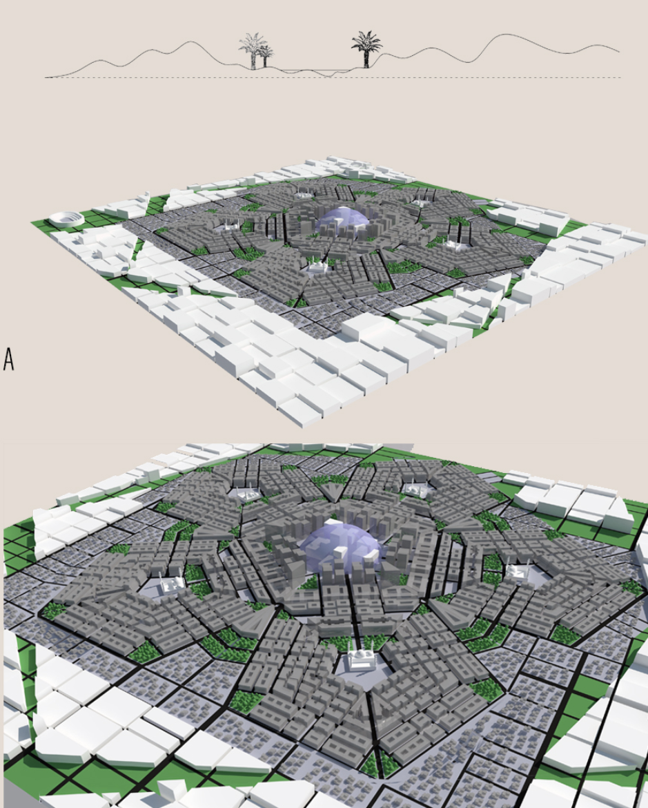 Aerial visualizations of the central district show mosque-centered urban clustering, layered with housing and communal spaces.