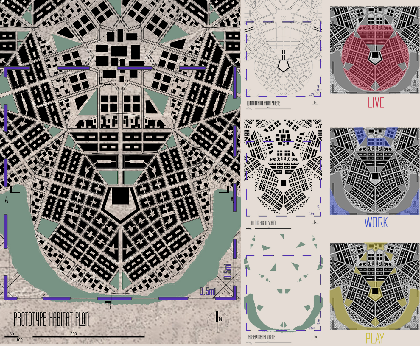 Live, work, and play zones arranged in a radial pattern demonstrate the project's integrated and scalable planning model.