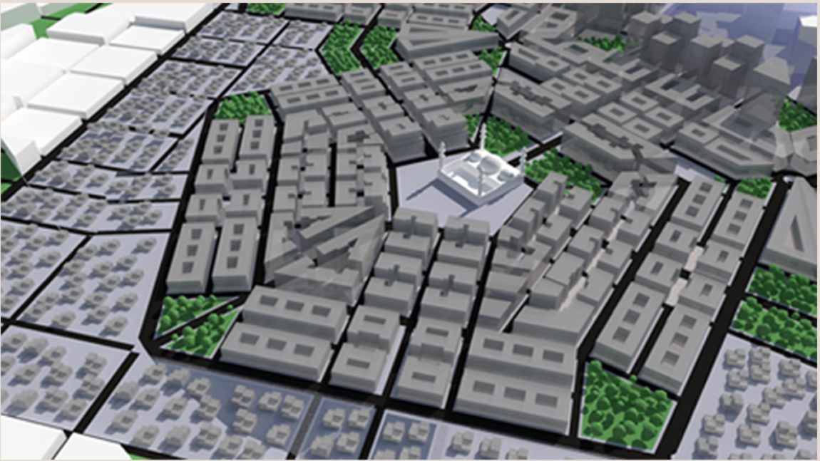 Zoomed view of mid-density housing surrounding a central mosque highlights socio-spatial organization and accessibility.