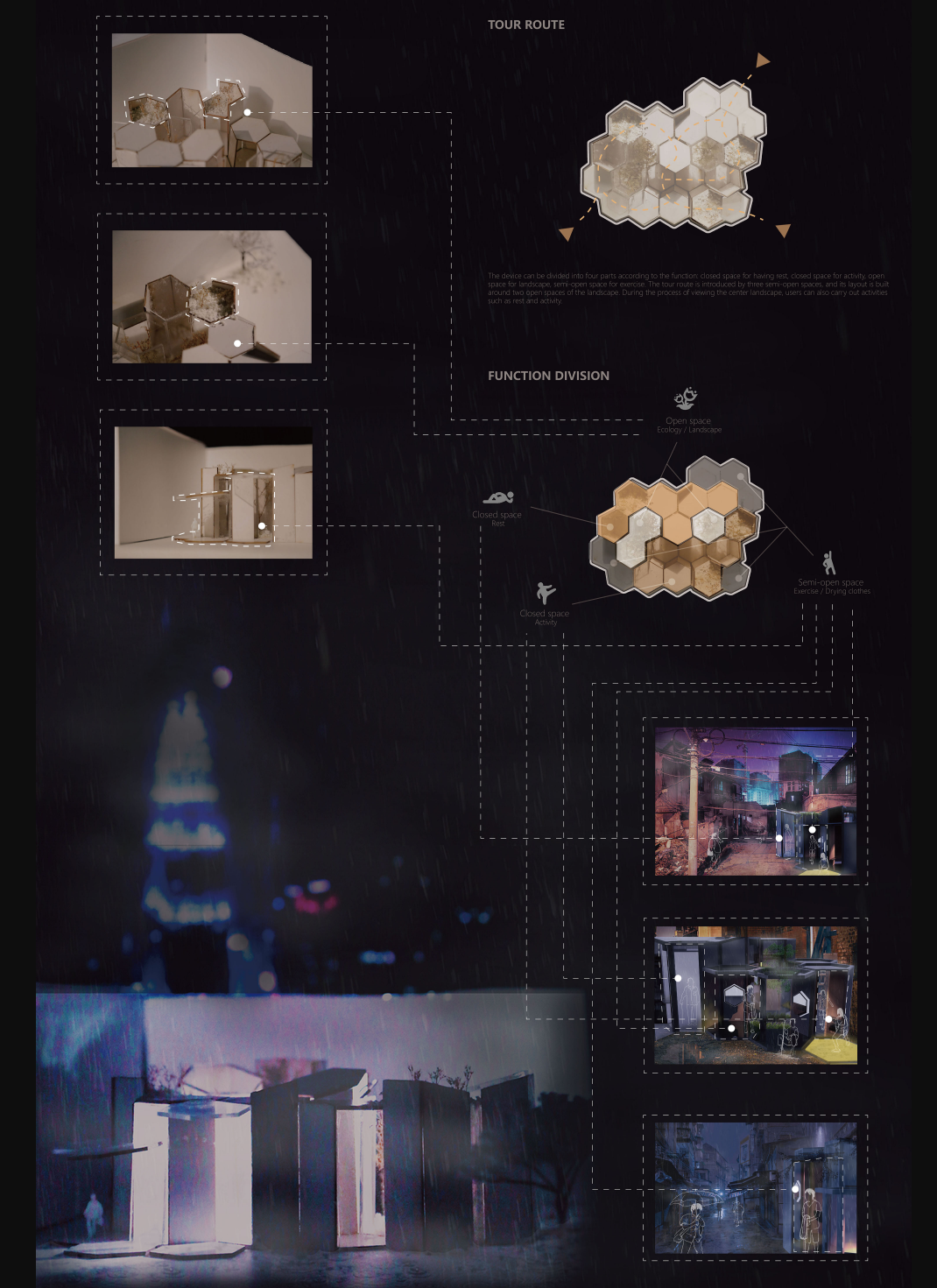 Hexagonal units divide space into zones for rest, activity, and ecology—glowing as social anchors in dark village alleys.