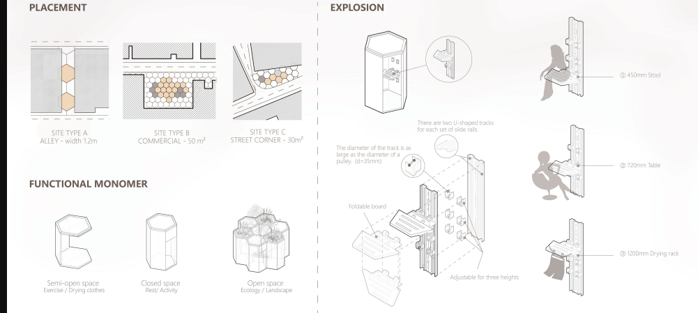 Design adapts to various urban sites—alleys, commercial lots, and corners—using adjustable, track-based modular components.