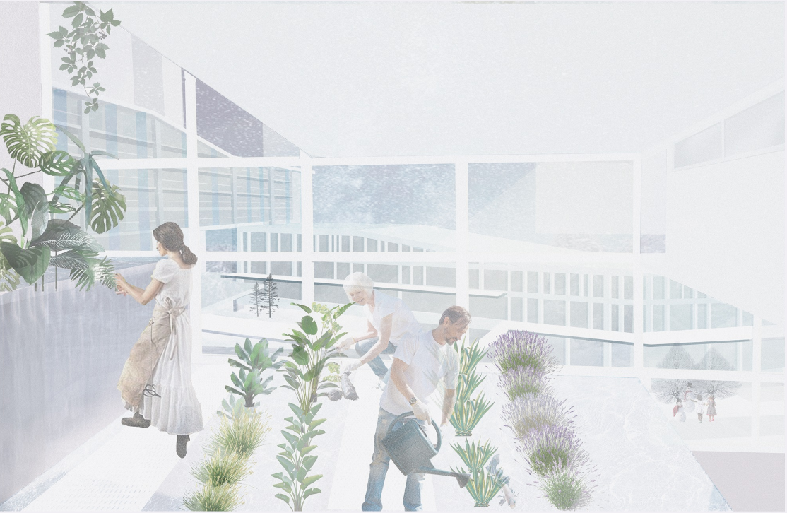 Residents tend to plants in a greenhouse integrated within the architectural envelope, promoting sustainability and wellbeing.