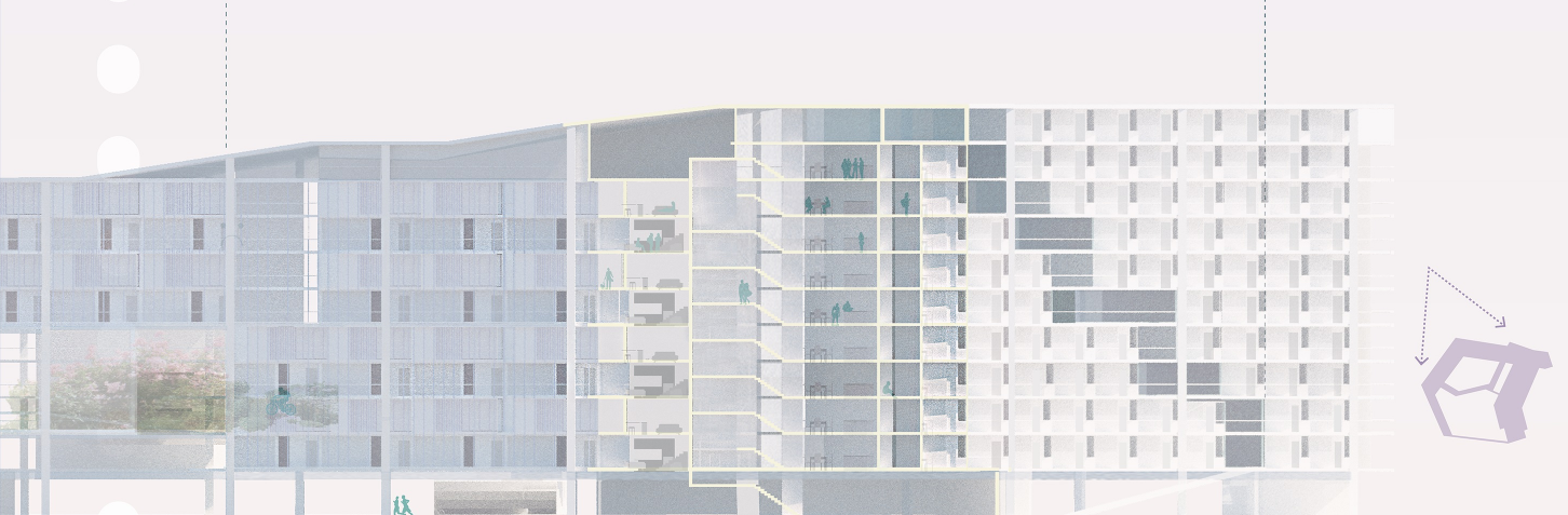Detailed cross-section showing interconnected living, working, and ecological functions in a high-density urban block.