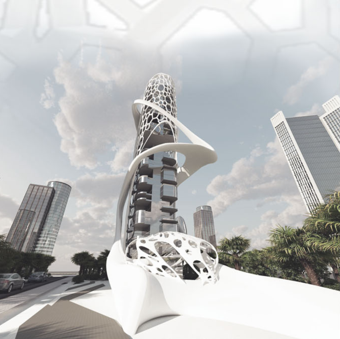 A dramatic exterior view of the Hybrid Tower showcasing its sculptural shell and biophilic integration within a futuristic cityscape.