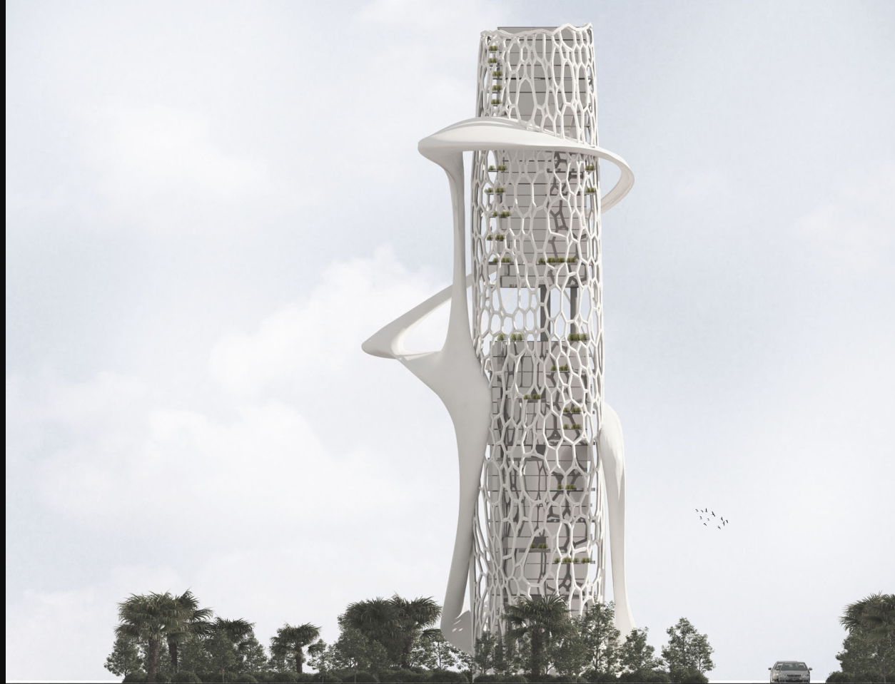  Full frontal elevation of the tower highlighting its honeycomb-inspired exoskeleton and spiraling ribbon form.