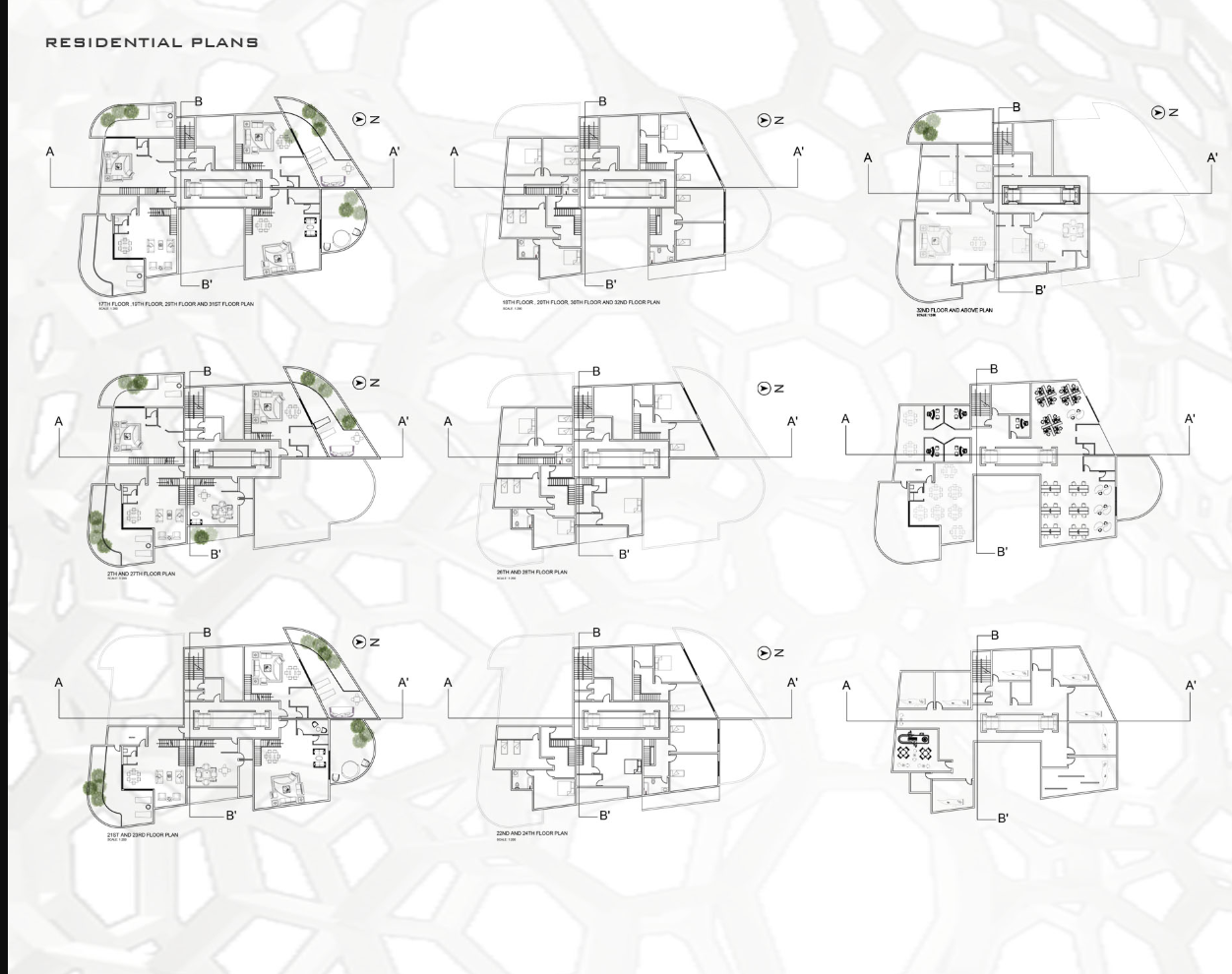 A series of duplex apartment layouts showcasing integrated greenery, shared cores, and optimized vertical zoning for modern living.