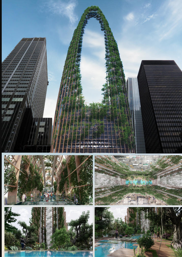 Immersive vertical spaces with greenery, waterfalls, and public interaction zones.
