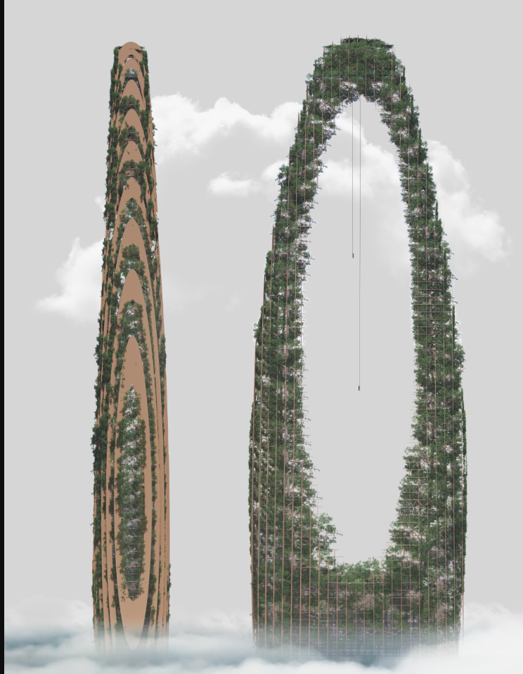 Elevational studies showcasing the structural and ecological verticality of the tower.