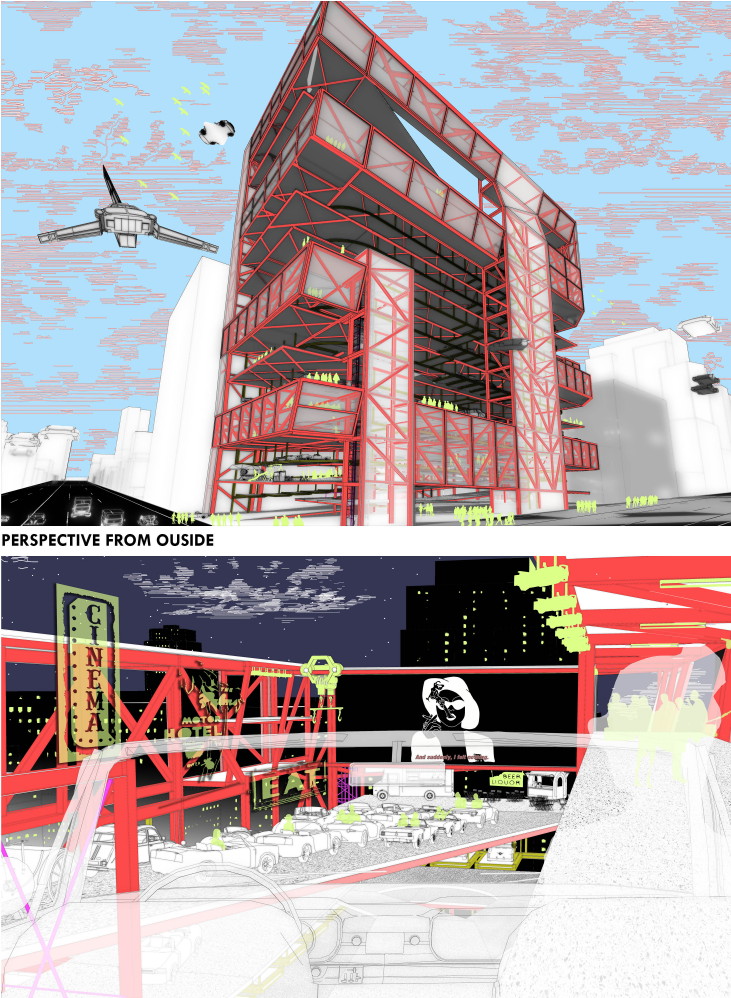 A bold red-steel adaptive structure stands as a futuristic vertical landmark for mobility, recreation, and public engagement.