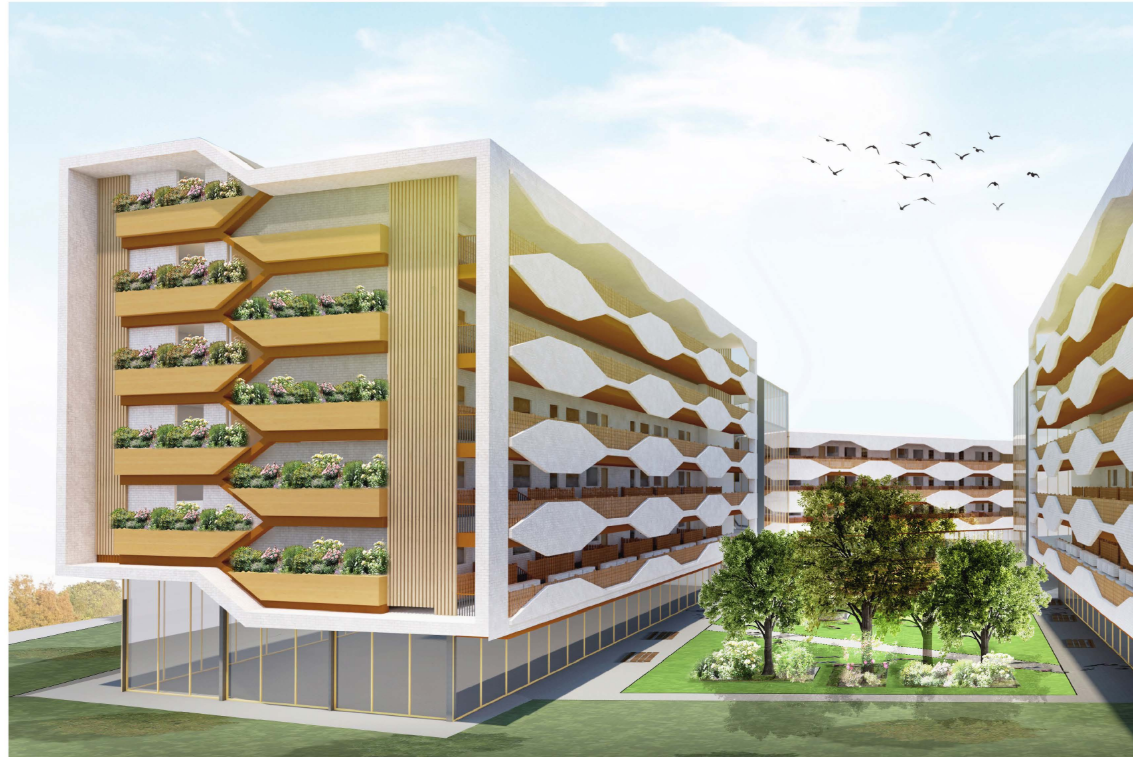 Bird’s-eye perspective highlighting modular blocks, central courtyards, and community interaction zones.