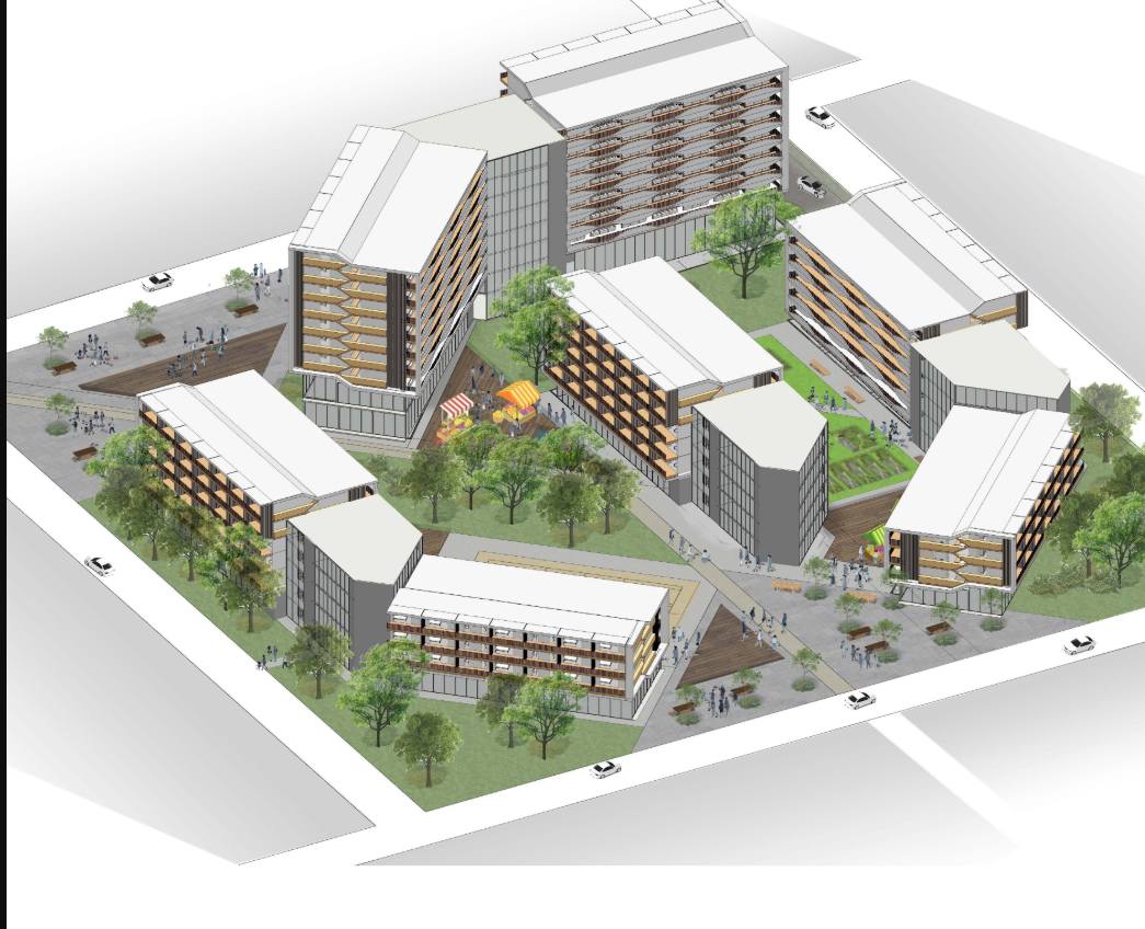 Outdoor recreation area integrating sports, green space, and social gathering opportunities.