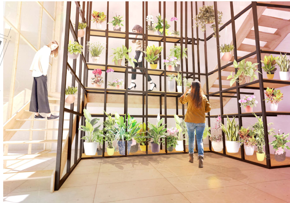 Multi-level shared library with relaxed seating designed for reading, working, and socializing.