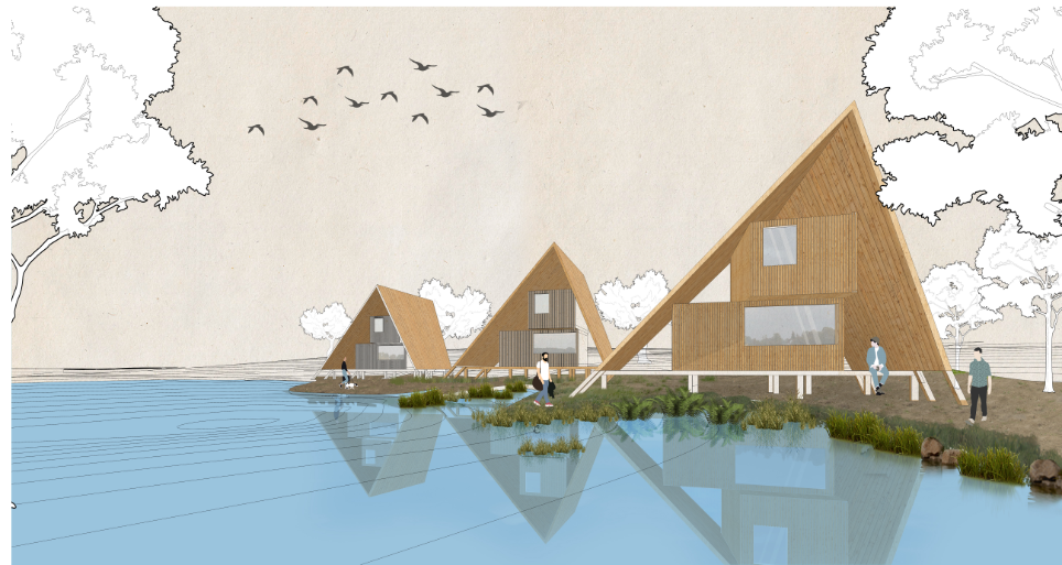 Rendering of three triangular timber pavilions on stilts beside a calm body of water with birds overhead
