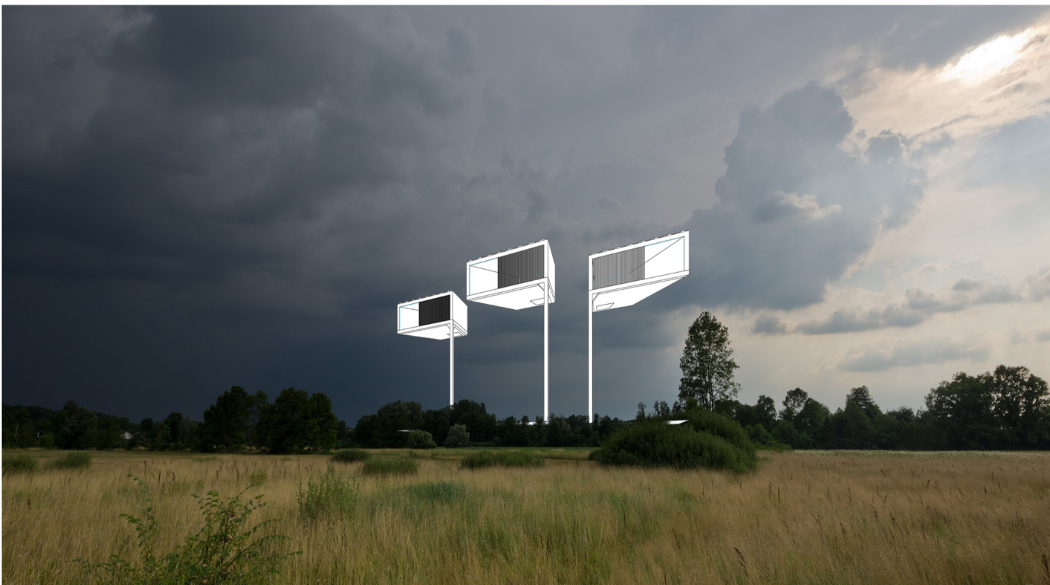 Three white outlined pavilion volumes superimposed over a golden field under stormy clouds