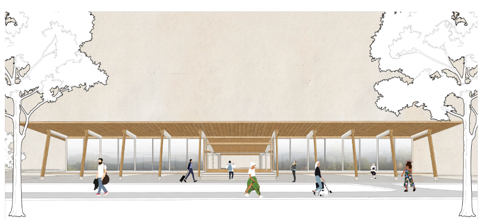 Elevation rendering of a covered platform with timber columns and sloped roof sheltering pedestrians