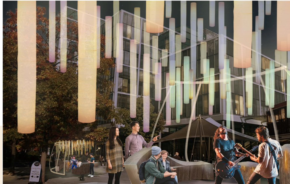 Live performance lights up the plaza through sound-triggered illumination.