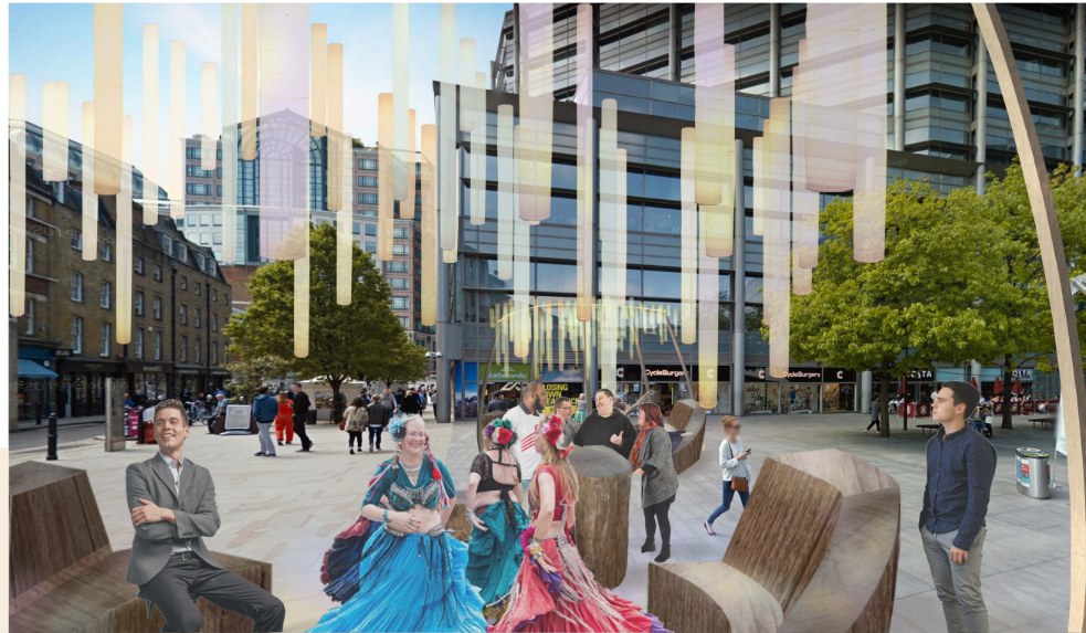 Urban lighting installation sparks cultural expression in daylight.